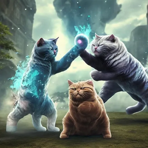 Prompt: elemental cats  realistic fighting



