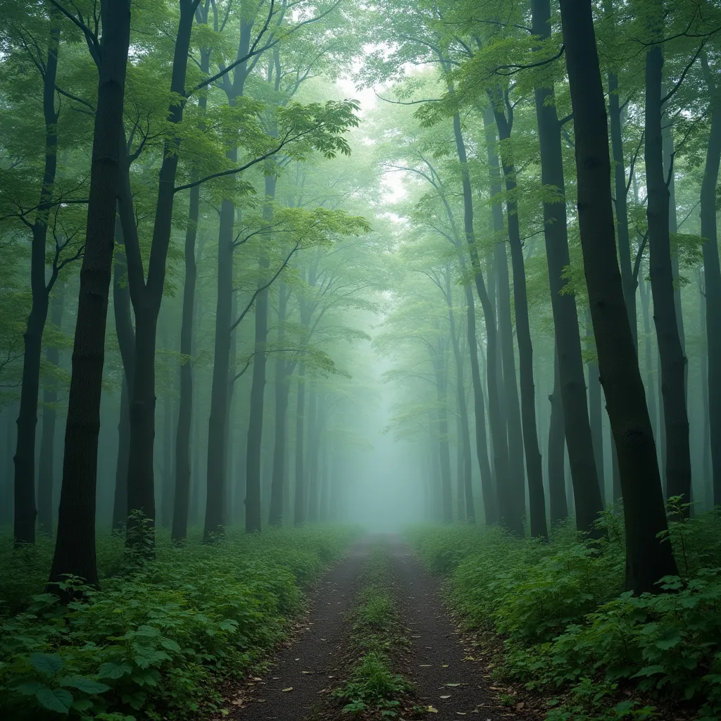 Prompt: A quiet forest with tall trees and mist, all in different green shades. The scene is peaceful and natural, with a strong eco-friendly vibe.