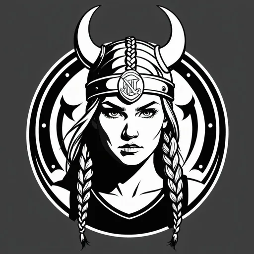 Prompt: fierce female viking, (braids), high school volleyball logo, black and white, vector image, full viking helmet, logo, high definition, digital, clean image, simple, clean