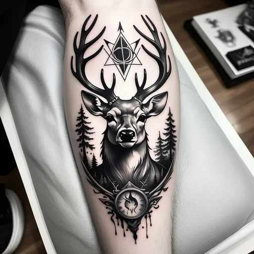 Prompt: black and white tattoo style, patronus is photorealistic deer head above magician. patronus is defend spell