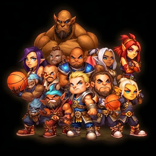 Prompt: Group photo of World of Warcraft characters in animated art style, space jam basketball team, vibrant colors, dynamic poses, fantasy-themed basketball court, high-quality, detailed armor and weapons, cartoonish style, magical glow, epic team composition, fantasy sports, professional lighting, fantasy, vibrant colors, dynamic poses, basketball theme