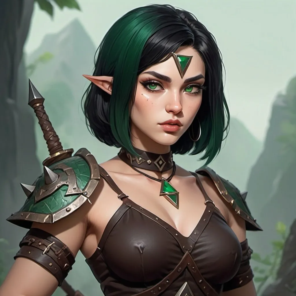 Prompt: dnd player barbarian 
woman 170cm tall
62 kg
medium skin color 
bob caught short black hair black
long fingers on hands
upturned eyes emerald color
very thin lips like a line 
big long nose
mysterius natural eyebrow 
v-triangle face