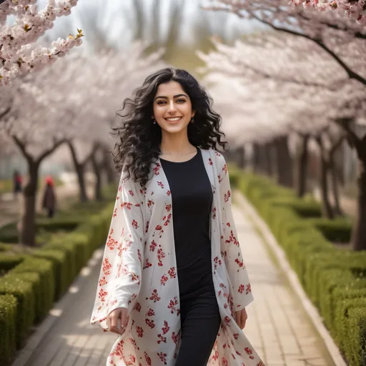 Prompt: Tall young pretty  Iranian woman without scarf and medium curly average size black hair with an awsome smile , walking in a garden full of detailed cherry blossoms, detailed clothing, realistic, natural lighting