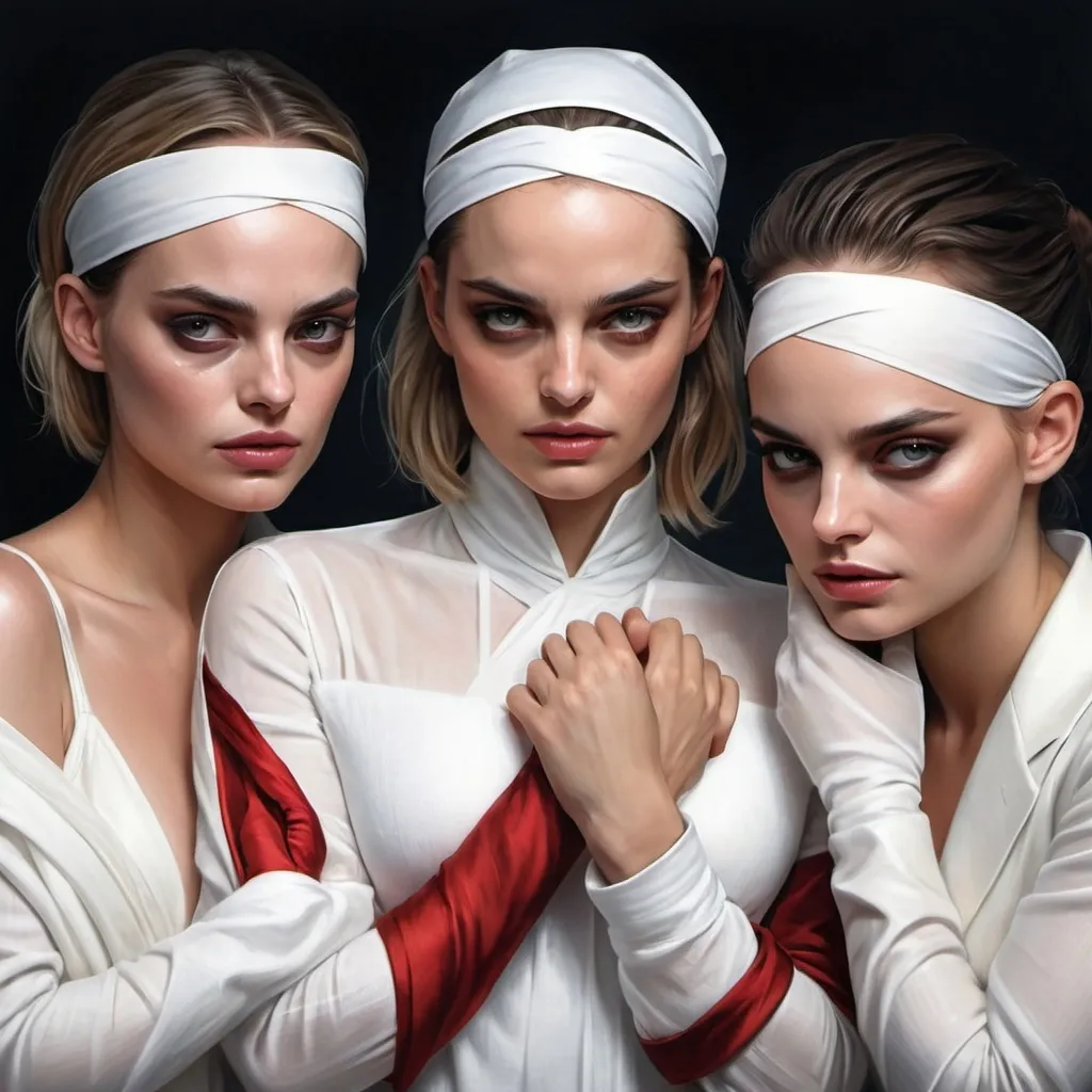 Prompt: Margot Robbie, Natalie Portman and Kristen Stewart with blindfolds on their faces and hands around their heads, all wrapped in white fabric, Artgerm, fantasy art, stanley artgerm lau, cyberpunk art