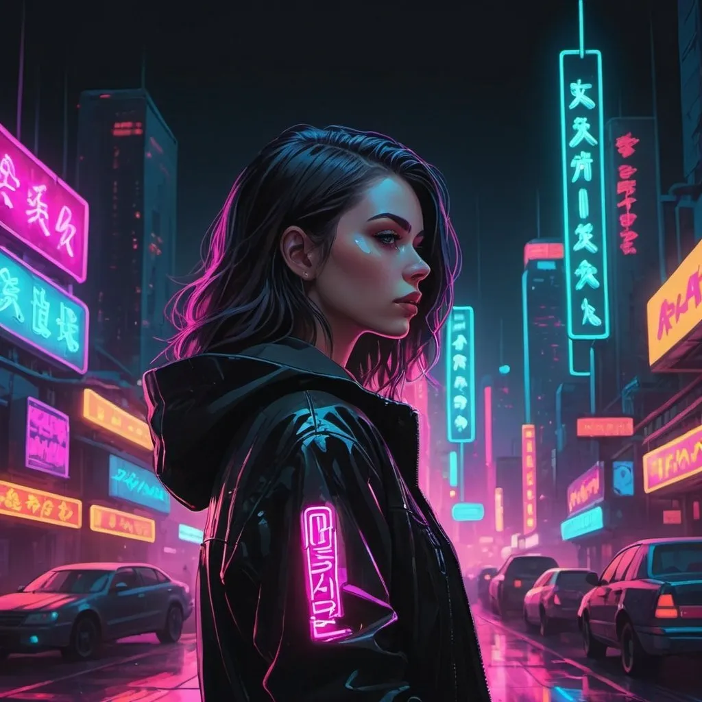 Prompt: a woman in a black jacket and a neon cityscape in the background with neon lights and neon signs, Alena Aenami, fantasy art, cyberpunk style, cyberpunk art