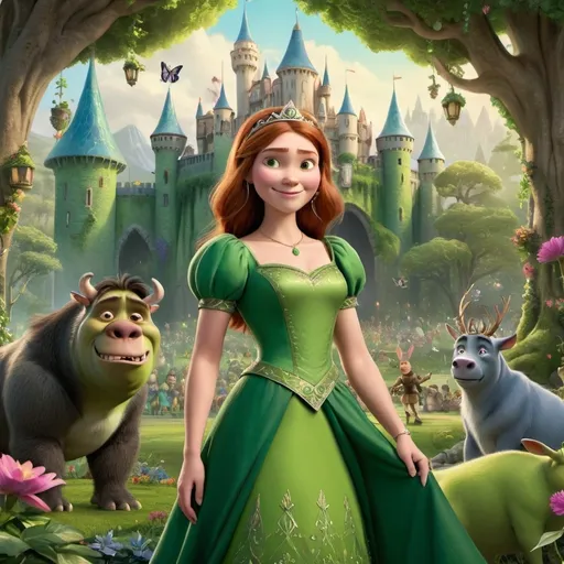 Prompt: A vibrant and enchanting scene featuring Princess Fiona from DreamWorks' 'Shrek.' Fiona is in her iconic green dress, standing proudly in a lush, magical forest. She is surrounded by whimsical forest creatures and fairy-tale elements. The background includes a majestic castle partially hidden by greenery and flowers, reflecting her royal status and connection to nature. Fiona is confidently striking a heroic pose, with a warm and determined expression, capturing her strong and adventurous spirit. The scene is filled with rich, colorful details and a touch of fairy-tale charm