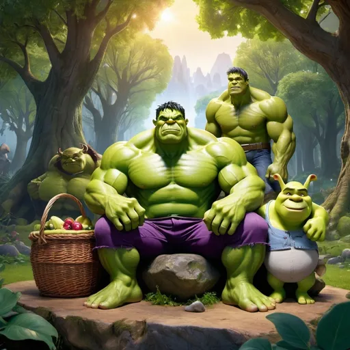 Prompt: A whimsical and fun scene depicting Hulk from Marvel and Shrek from DreamWorks as best friends. Hulk and Shrek are enjoying a peaceful moment together in a lush, enchanted forest. Hulk is lounging on a large rock with a relaxed expression, while Shrek is sitting next to him, holding a picnic basket filled with food. The background features a vibrant, magical landscape with fairytale elements like fairy lights and whimsical creatures. The scene captures their unlikely friendship with humor and warmth, showing their contrasting yet complementary personalities