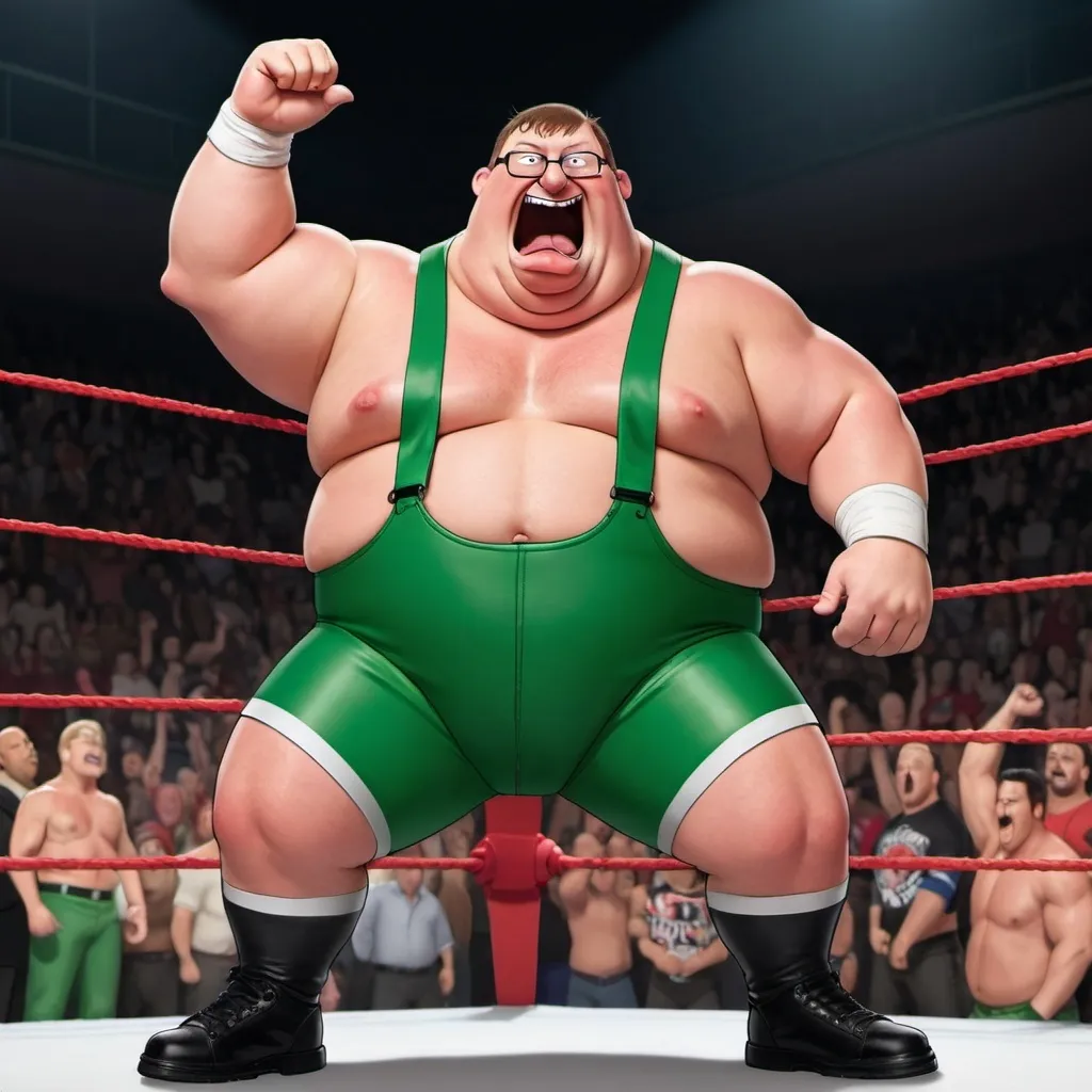 Prompt: "A humorous and energetic scene featuring Peter Griffin from 'Family Guy' as a WWE wrestler. Peter is in the middle of a wrestling ring, wearing a colorful, custom wrestling outfit with his signature green pants and white shirt redesigned into a flashy wrestling costume. He’s striking a comedic pose with exaggerated facial expressions and his signature clumsy style. The arena is packed with excited fans, bright lights, and dramatic wrestling decorations. Emphasize the playful clash of Peter’s goofy personality with the intense atmosphere of professional wrestling