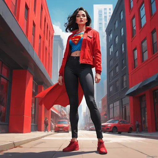 Prompt: a woman in a red jacket and black pants standing in front of a red building with a red superman sign, Artgerm, superflat, stanley artgerm lau, concept art