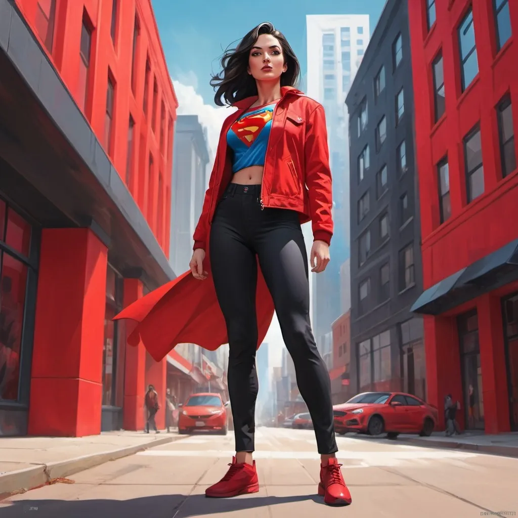 Prompt: a woman in a red jacket and black pants standing in front of a red building with a red superman sign, Artgerm, superflat, stanley artgerm lau, concept art