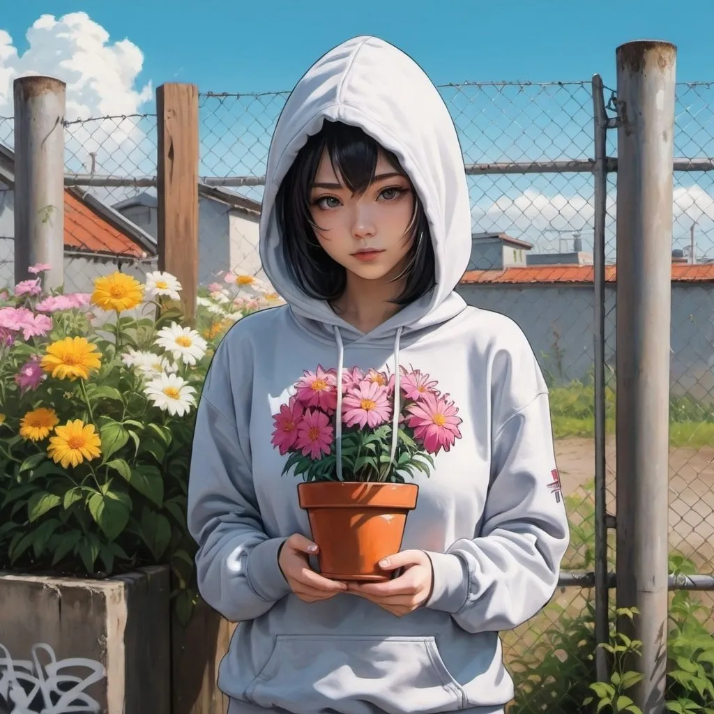 Prompt: a woman standing in front of a fence with flowers on it and a hoodie on her head and a flower pot in her hand, Ai-Mitsu, graffiti, anime art, a painting