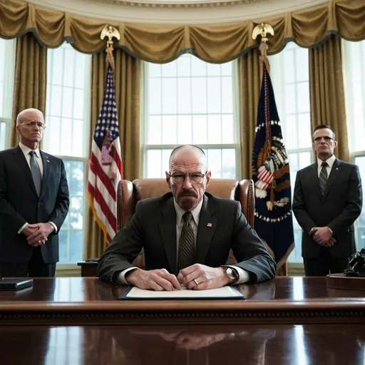 Prompt: A dramatic and imaginative scene depicting Walter White from 'Breaking Bad' as the President of the United States. Walter is seated behind the Oval Office desk, wearing a sharp, tailored suit with his signature glasses. The room is decorated with a mix of presidential and industrial elements, such as high-tech gadgets and chemical equipment subtly integrated into the décor. He is confidently addressing a group of advisors with a serious expression, while displaying a blend of presidential authority and his trademark intensity. The background features the American flag and a view of the White House through the windows