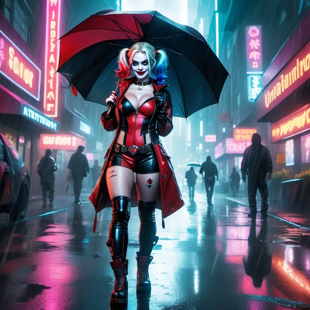 Prompt: Harley quinn in a red and black costume is walking down the street in the rain with an umbrella in her hand, Artgerm, fantasy art, stanley artgerm lau, cyberpunk art