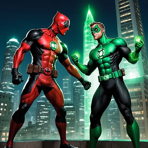 Prompt: A lively and humorous scene featuring Green Lantern from DC Comics and Deadpool from Marvel as unlikely friends. They are in a bustling cityscape at night, with Green Lantern using his power ring to create glowing constructs and light up the surroundings. Deadpool is playfully interacting with the constructs, wearing his signature red and black costume and mask. The background shows a mix of futuristic and urban elements, with skyscrapers and neon lights. The scene captures their dynamic personalities with Green Lantern’s disciplined demeanor and Deadpool’s irreverent humor, highlighting their unique but harmonious friendship