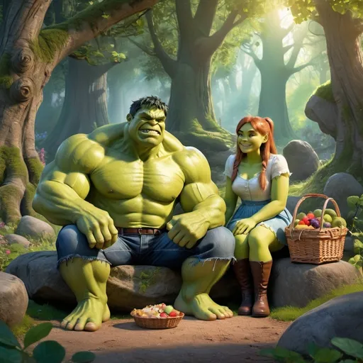 Prompt: A whimsical and fun scene depicting Hulk from Marvel and Shrek from DreamWorks as best friends. Hulk and Shrek are enjoying a peaceful moment together in a lush, enchanted forest. Hulk is lounging on a large rock with a relaxed expression, while Shrek is sitting next to him, holding a picnic basket filled with food. The background features a vibrant, magical landscape with fairytale elements like fairy lights and whimsical creatures. The scene captures their unlikely friendship with humor and warmth, showing their contrasting yet complementary personalities