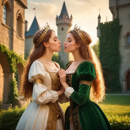 Prompt: two women dressed in medieval costumes kissing each other in front of a castle like building with a clock tower, Bálint Kiss, renaissance, medieval, a stock photo