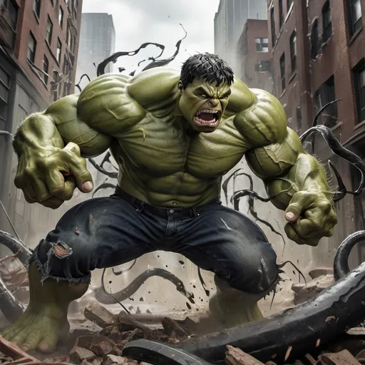 Prompt: A dramatic and intense battle scene featuring Hulk from Marvel facing off against Venom. The fight is taking place in a chaotic urban environment, with destroyed buildings and debris scattered around. Hulk, with his massive muscles and enraged expression, is in the middle of a powerful punch, while Venom, with his menacing, sleek appearance and sharp teeth, is retaliating with his tendrils. The background is filled with dramatic lighting and dynamic action effects, emphasizing the ferocity and raw power of their clash. Capture the epic scale of their confrontation with detailed and energetic visuals