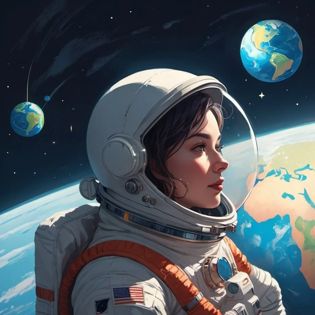 Prompt: a woman in a space suit looking at the earth from space, with a star in the background,, Atey Ghailan, space art, space, a detailed drawing