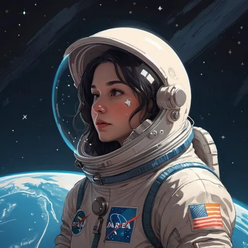 Prompt: a woman in a space suit looking at the earth from space, with a star in the background,, Atey Ghailan, space art, space, a detailed drawing
