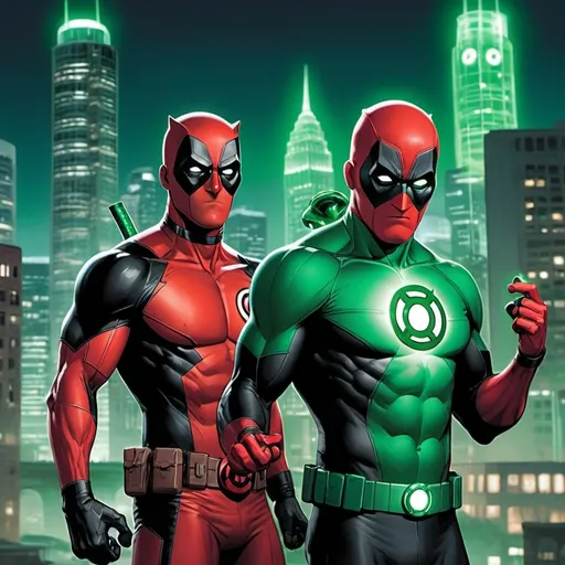 Prompt: A lively and humorous scene featuring Green Lantern from DC Comics and Deadpool from Marvel as unlikely friends. They are in a bustling cityscape at night, with Green Lantern using his power ring to create glowing constructs and light up the surroundings. Deadpool is playfully interacting with the constructs, wearing his signature red and black costume and mask. The background shows a mix of futuristic and urban elements, with skyscrapers and neon lights. The scene captures their dynamic personalities with Green Lantern’s disciplined demeanor and Deadpool’s irreverent humor, highlighting their unique but harmonious friendship