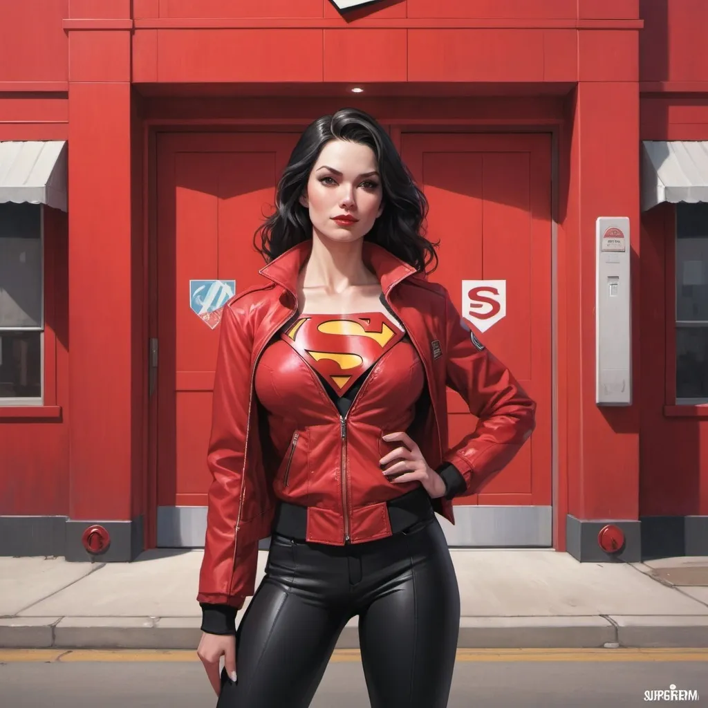 Prompt: a woman in a red jacket and black pants standing in front of a red building with a red superman sign, Artgerm, superflat, stanley artgerm lau, concept art