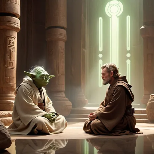 Prompt: A serene and insightful scene featuring Obi-Wan Kenobi and Yoda from the Star Wars universe. They are meditating together in a tranquil, ancient Jedi temple on a distant, misty planet. Obi-Wan, in his classic Jedi robes, sits cross-legged with a calm expression, while Yoda is perched on a stone nearby, deeply focused and with his eyes closed. The temple is adorned with mystical symbols and illuminated by soft, ethereal light filtering through ancient windows. The atmosphere is peaceful and reflective, capturing the wisdom and bond between these two iconic Jedi Masters