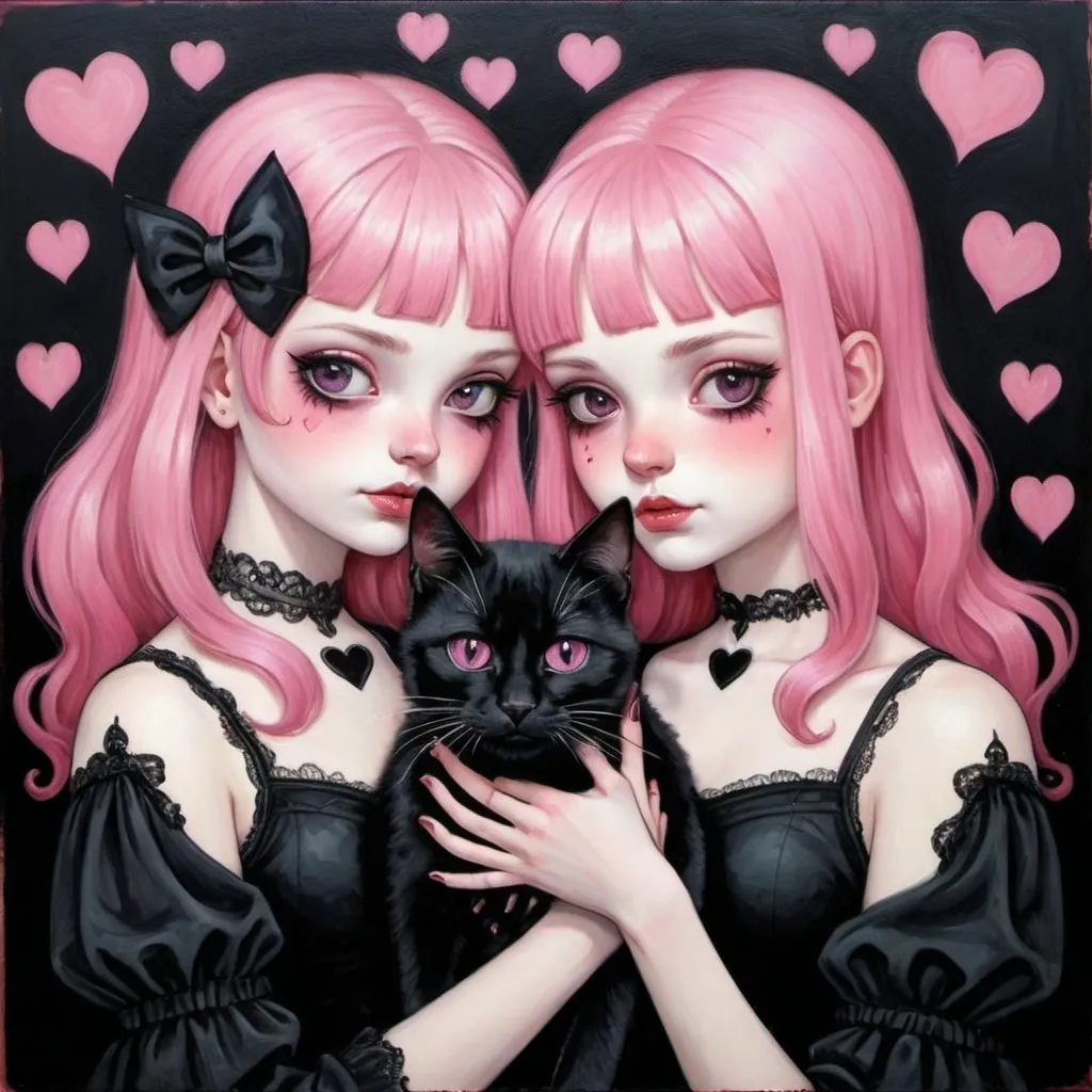 Prompt: two girls with pink hair holding a heart in their hands and a black cat on their forehead, with hearts in their eyes, Felix-Kelly, gothic art, gothic, a fine art painting