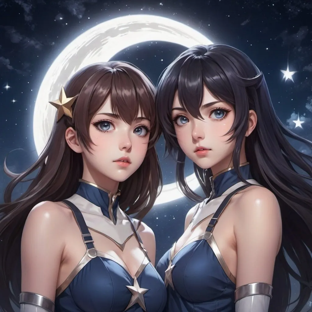 Prompt: two anime girls with stars and moon in the background, one is staring at the camera and the other is staring at the viewer, Artgerm, space art, anime art, an anime drawing