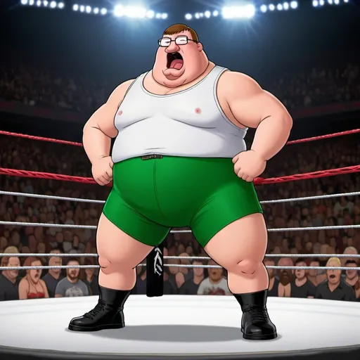 Prompt: "A humorous and energetic scene featuring Peter Griffin from 'Family Guy' as a WWE wrestler. Peter is in the middle of a wrestling ring, wearing a colorful, custom wrestling outfit with his signature green pants and white shirt redesigned into a flashy wrestling costume. He’s striking a comedic pose with exaggerated facial expressions and his signature clumsy style. The arena is packed with excited fans, bright lights, and dramatic wrestling decorations. Emphasize the playful clash of Peter’s goofy personality with the intense atmosphere of professional wrestling