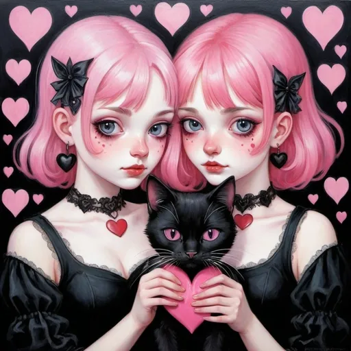 Prompt: two girls with pink hair holding a heart in their hands and a black cat on their forehead, with hearts in their eyes, Felix-Kelly, gothic art, gothic, a fine art painting