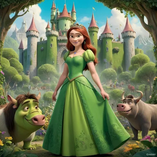 Prompt: A vibrant and enchanting scene featuring Princess Fiona from DreamWorks' 'Shrek.' Fiona is in her iconic green dress, standing proudly in a lush, magical forest. She is surrounded by whimsical forest creatures and fairy-tale elements. The background includes a majestic castle partially hidden by greenery and flowers, reflecting her royal status and connection to nature. Fiona is confidently striking a heroic pose, with a warm and determined expression, capturing her strong and adventurous spirit. The scene is filled with rich, colorful details and a touch of fairy-tale charm