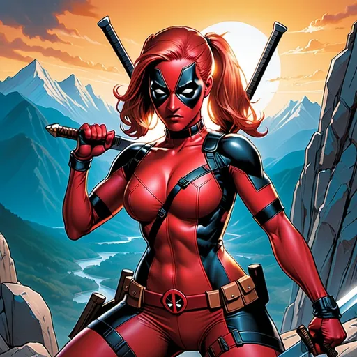 Prompt: Lady Deadpool holding a sword and a sword in her hand, with a mountain in the background, Artgerm, antipodeans, stanley artgerm lau, a comic book panel