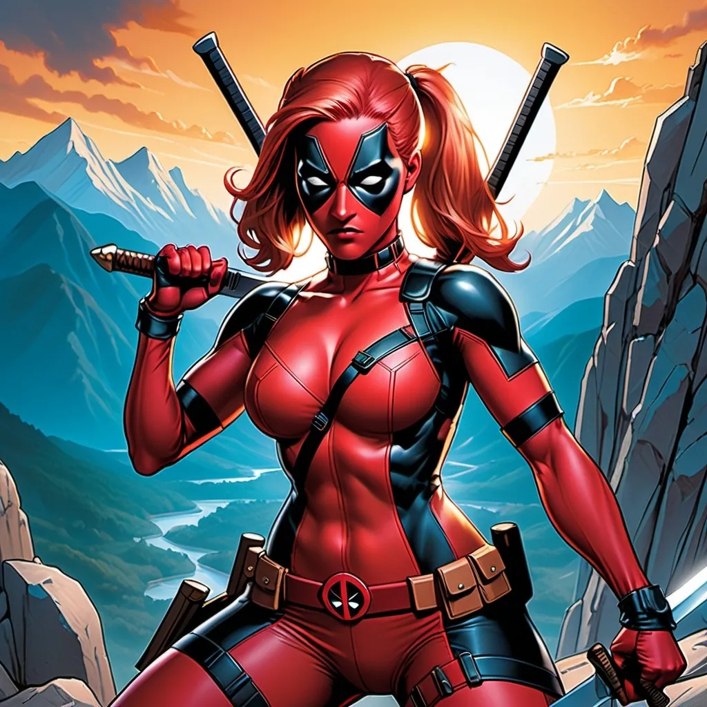 Prompt: Lady Deadpool holding a sword and a sword in her hand, with a mountain in the background, Artgerm, antipodeans, stanley artgerm lau, a comic book panel