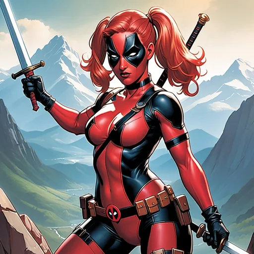 Prompt: Lady Deadpool holding a sword and a sword in her hand, with a mountain in the background, Artgerm, antipodeans, stanley artgerm lau, a comic book panel