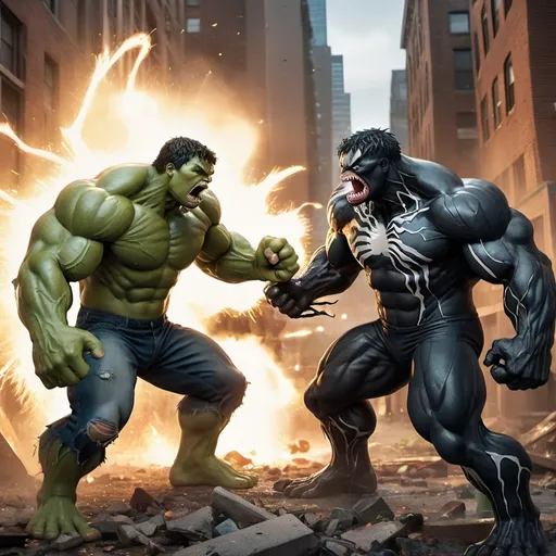 Prompt: A dramatic and intense battle scene featuring Hulk from Marvel facing off against Venom. The fight is taking place in a chaotic urban environment, with destroyed buildings and debris scattered around. Hulk, with his massive muscles and enraged expression, is in the middle of a powerful punch, while Venom, with his menacing, sleek appearance and sharp teeth, is retaliating with his tendrils. The background is filled with dramatic lighting and dynamic action effects, emphasizing the ferocity and raw power of their clash. Capture the epic scale of their confrontation with detailed and energetic visuals