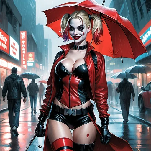 Prompt: Harley quinn in a red and black costume is walking down the street in the rain with an umbrella in her hand, Artgerm, fantasy art, stanley artgerm lau, cyberpunk art