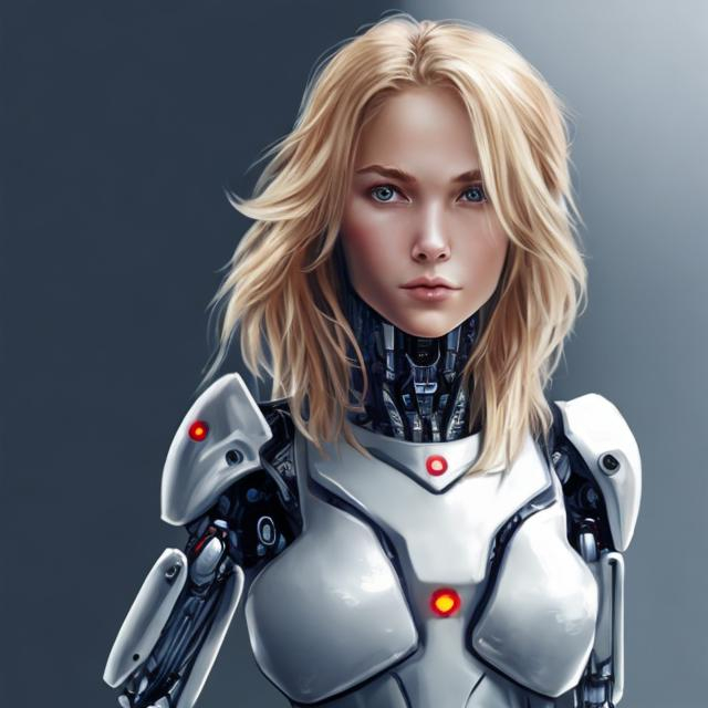 Prompt: Mujer chichona rubia mitad robot con una taga 