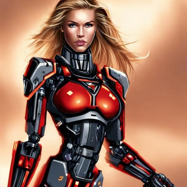 Prompt: Mujer chichona rubia mitad robot con una taga 