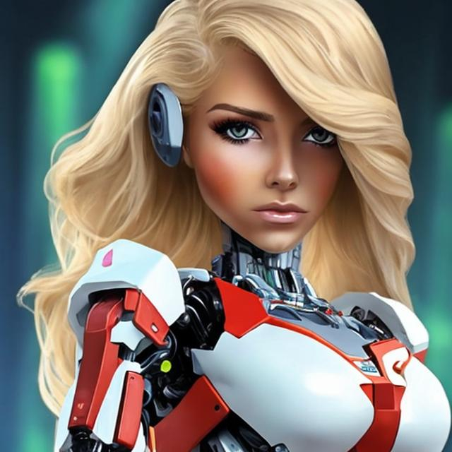 Prompt: Mujer chichona rubia mitad robot 