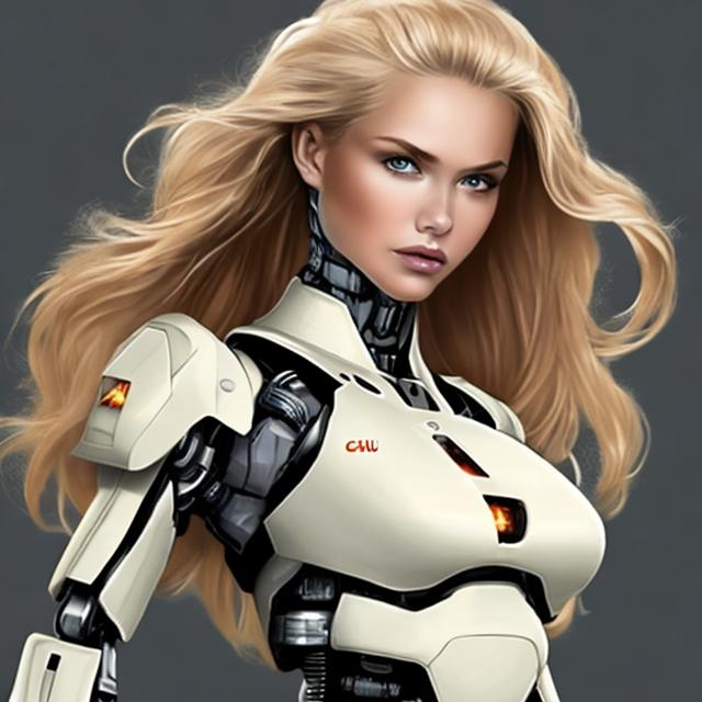 Prompt: Mujer chichona rubia mitad robot con una taga 