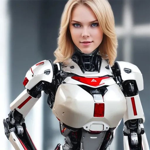 Prompt: Mujer chichona rubia mitad robot con una taga 