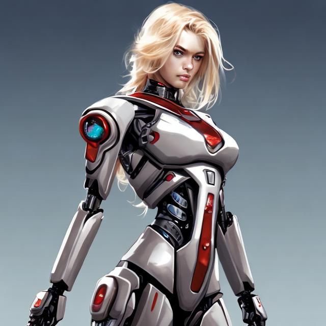 Prompt: Mujer chichona rubia mitad robot con una taga 