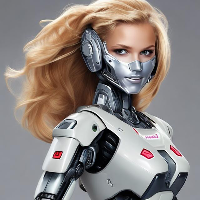 Prompt: Mujer chichona rubia mitad robot con una taga 