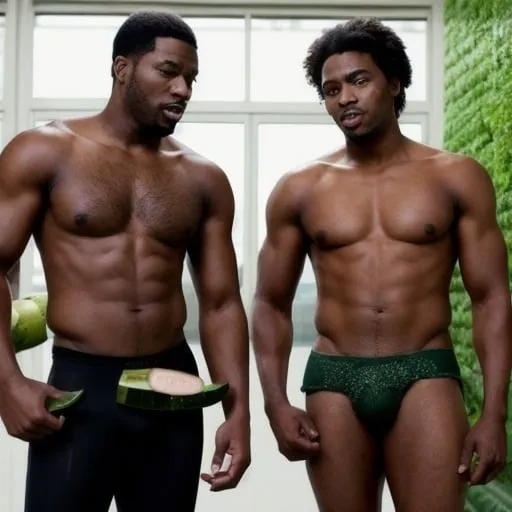 Prompt: two black men having suspicious interaction with massive cucumbers