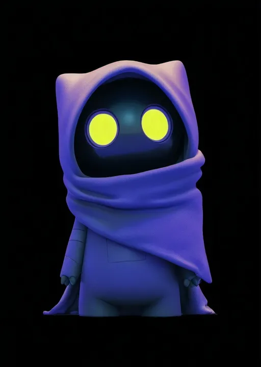 Prompt: a cartoon character with glowing eyes and a purple scarf around his neck and head, with a black background, Cedric Seaut (Keos Masons), sots art, unreal engine 5 quality render, a character portrait