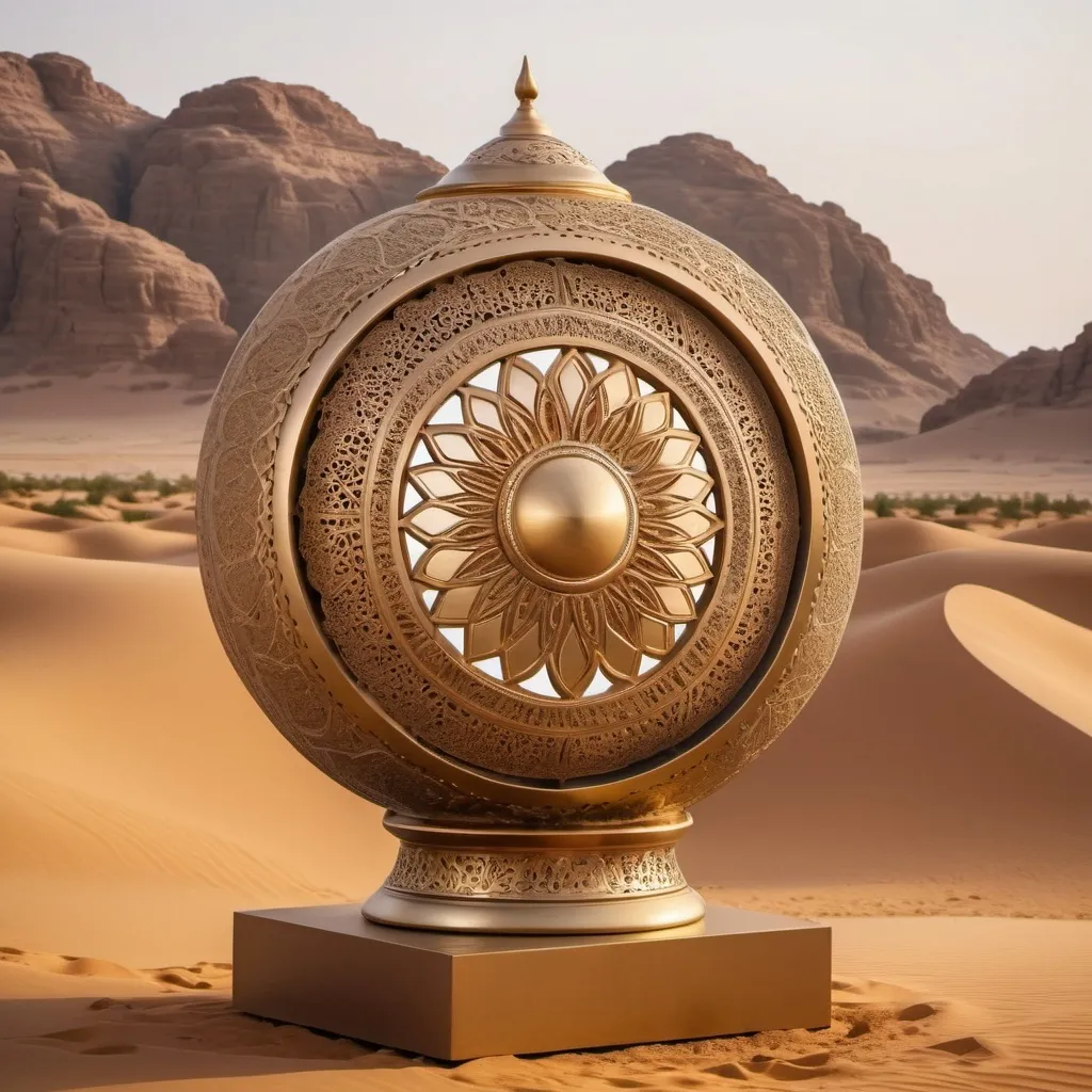 Prompt: (saudi sculpture), intricately designed with cultural motifs and symbols, impressive detail and craftsmanship, captivating traditional elements, set against a rich desert landscape, warm golden tones illuminating the sculpture, emphasizing its features, serene ambiance, ultra-detailed, high-quality image.