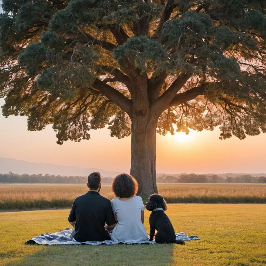 Prompt: couple sitting under a giant tree watching sunset along with their black toy poodle