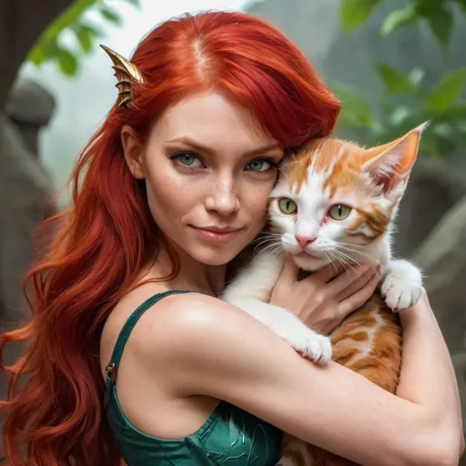 Prompt: a beautiful dragon woman with red hair hugging a kitten