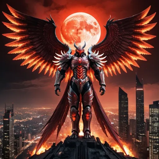 Prompt: Draconic seraphim with huge majestic wings in body Armor with in a burning mega city at night during a full blood red moon