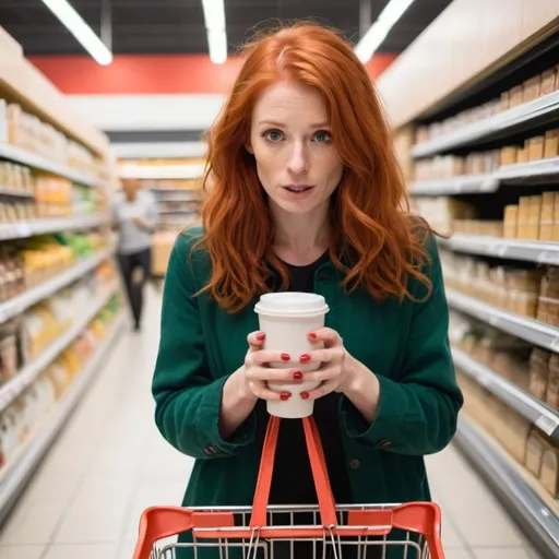 Prompt: red haired woman stealing coffee from the supermarket